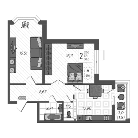 2 комнатная 58.6м²