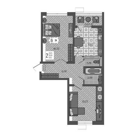 2 комнатная 54.1м²