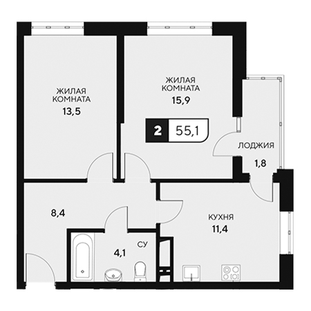 2 комнатная 55.1м²