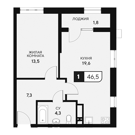 1 комнатная 46.5м²