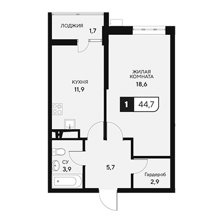 1 комнатная 44.7м²