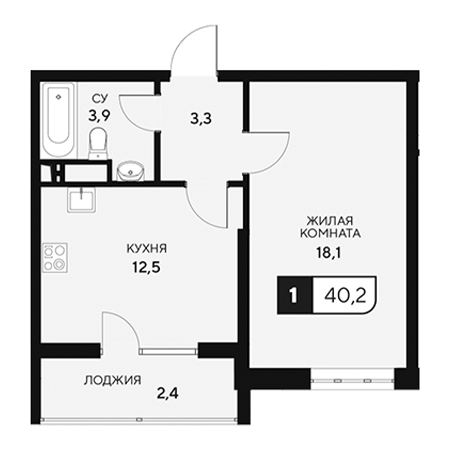 1 комнатная 40.2м²