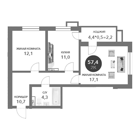 2 комнатная 57.4м²