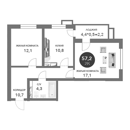 2 комнатная 57.2м²