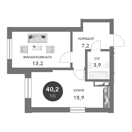 1 комнатная 40.2м²