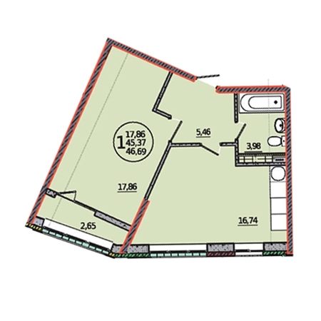 1 комнатная 46.69м²