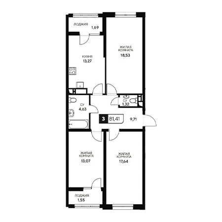 3 комнатная 81.41м²