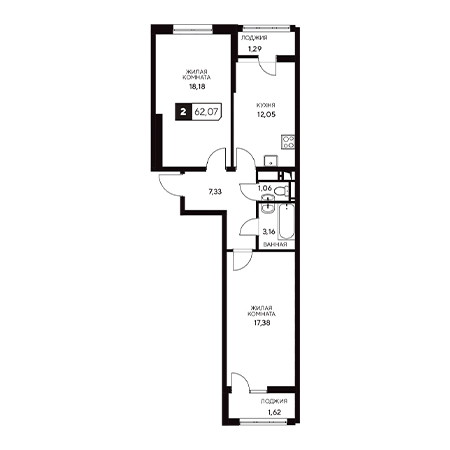 2 комнатная 62.07м²