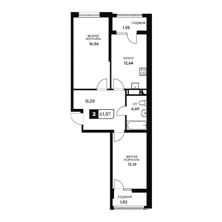 2 комнатная 61.87м²