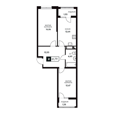 2 комнатная 61.79м²