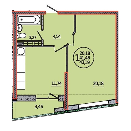 1 комнатная 43.19м²