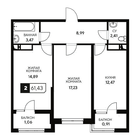 2 комнатная 61.43м²