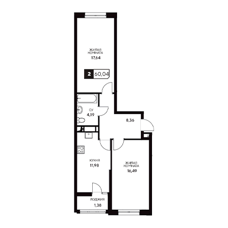 2 комнатная 60.04м²