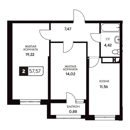 2 комнатная 57.57м²