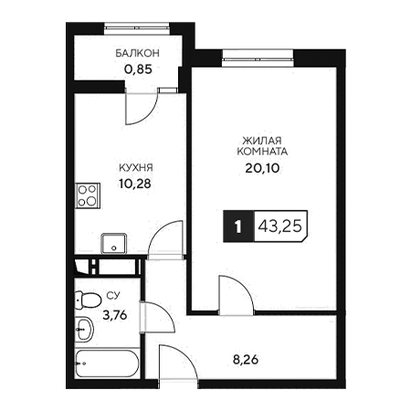 1 комнатная 43.25м²