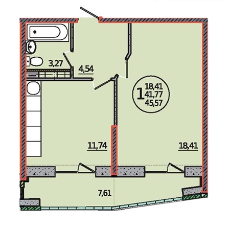 1 комнатная 45.57м²