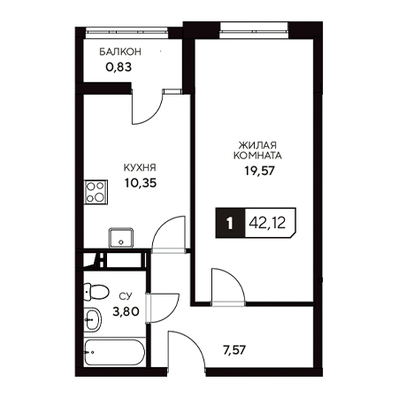 1 комнатная 42.12м²