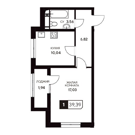 1 комнатная 39.39м²