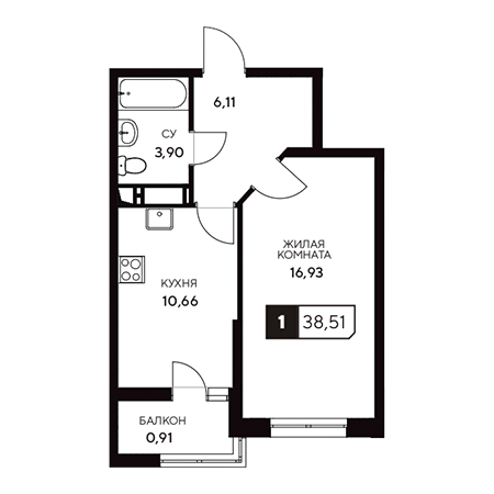 1 комнатная 38.51м²