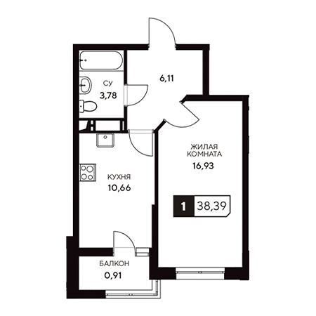 1 комнатная 38.39м²