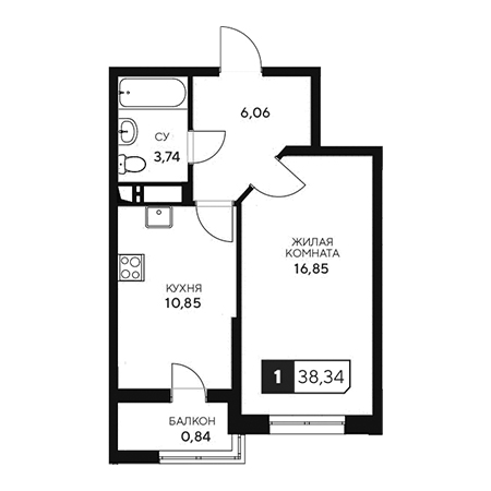 1 комнатная 38.34м²