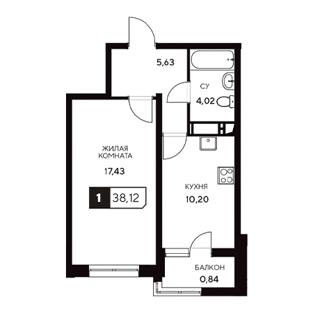 1 комнатная 38.12м²