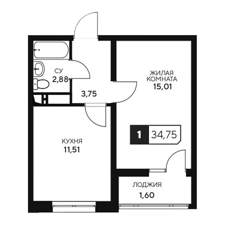 1 комнатная 34.75м²