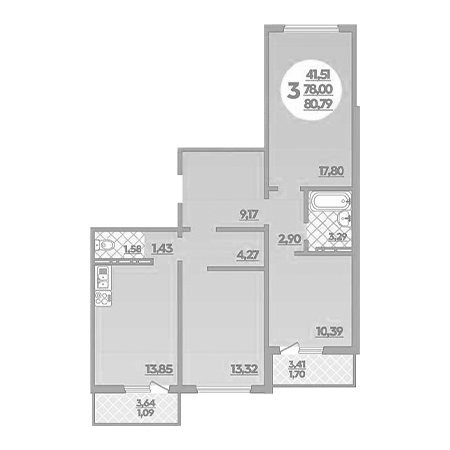 3 комнатная 80.79м²