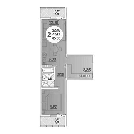 1 комнатная 46.55м²