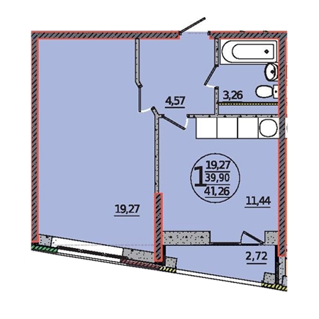 1 комнатная 41.26м²