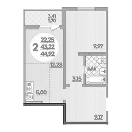 1 комнатная 44.92м²