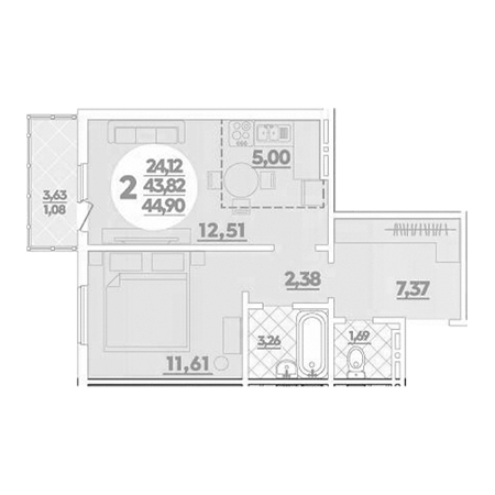 1 комнатная 44.9м²