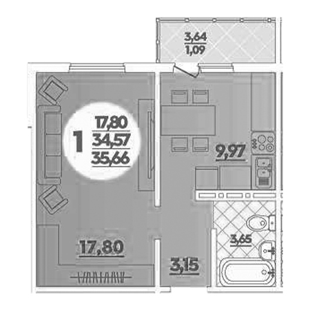 1 комнатная 35.66м²