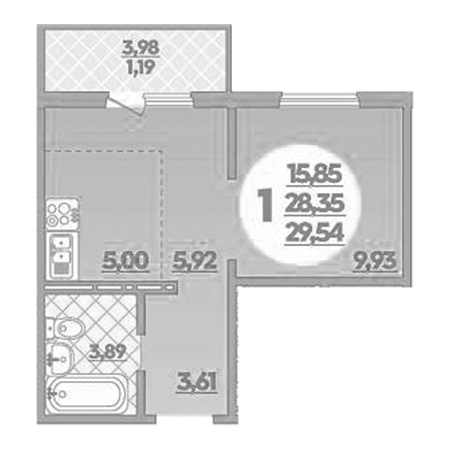 1 комнатная 29.54м²