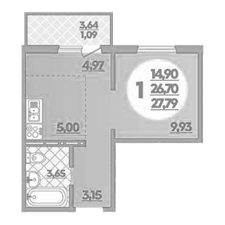 1 комнатная 27.79м²