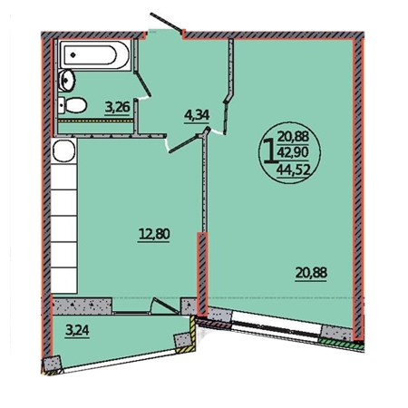 1 комнатная 44.52м²