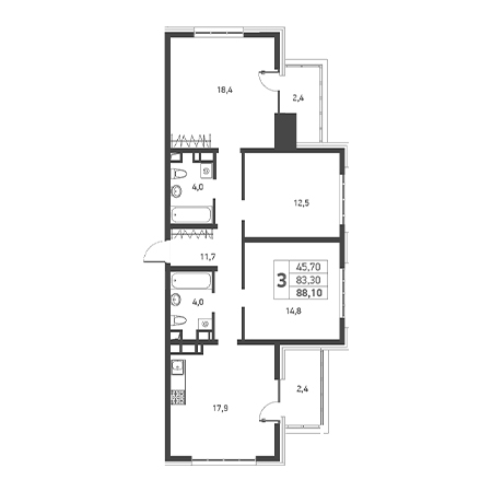 3 комнатная 88.1м²