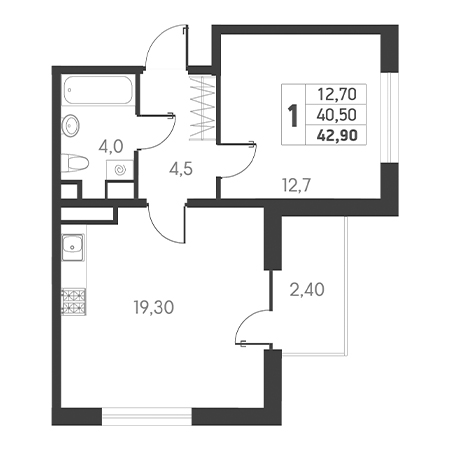 1 комнатная 42.9м²