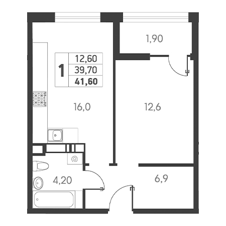 1 комнатная 41.6м²