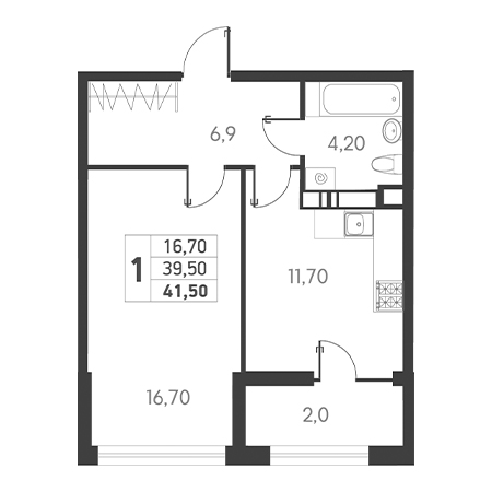 1 комнатная 41.5м²