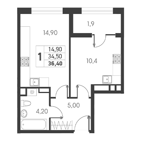 1 комнатная 36.4м²