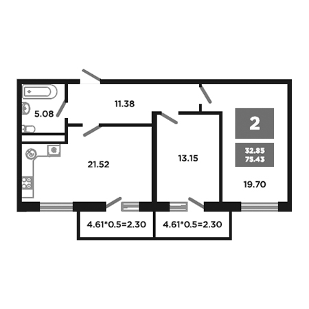 2 комнатная 75.43м²