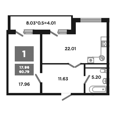 1 комнатная 60.79м²