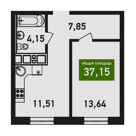 1 комнатная 37.15м²