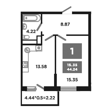 1 комнатная 44.24м²