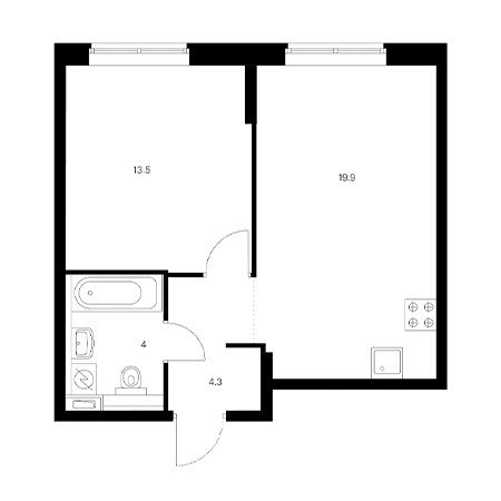 1 комнатная 41.7м²