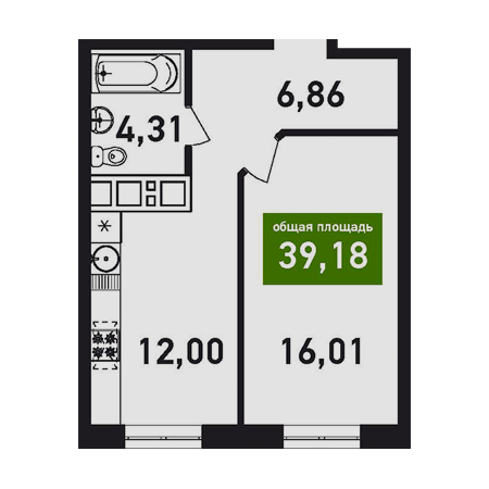 1 комнатная 39.18м²