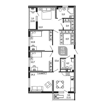 3 комнатная 98.8м²