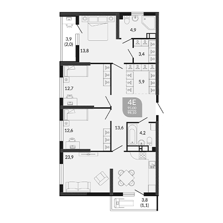 3 комнатная 98.1м²