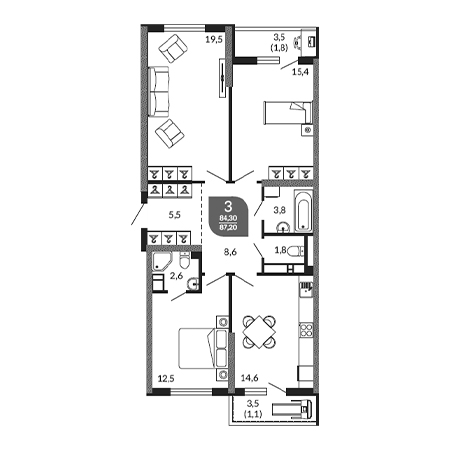 3 комнатная 87.2м²